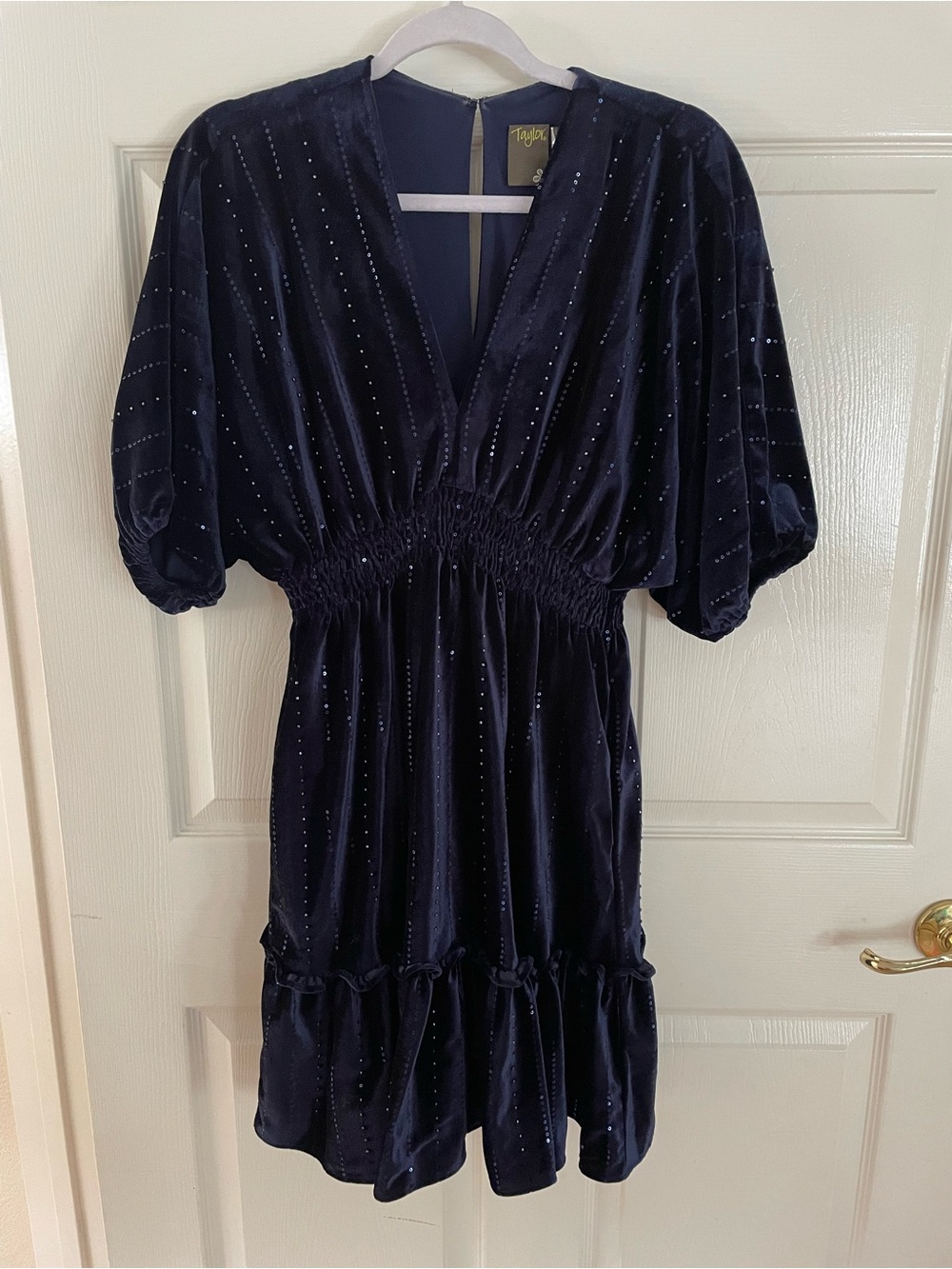 Taylor Navy Velvet Short Sleeve Smocked Mini Dress with Sparkle